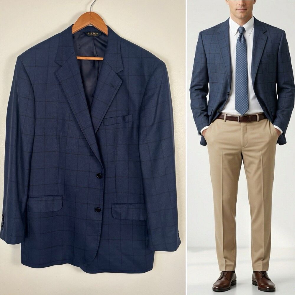 Jos A Bank Signature Gold Suit Jacket Blazer 48L Blue Black Windowpane Wool